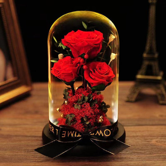 A rose forever preserved in a glass dome