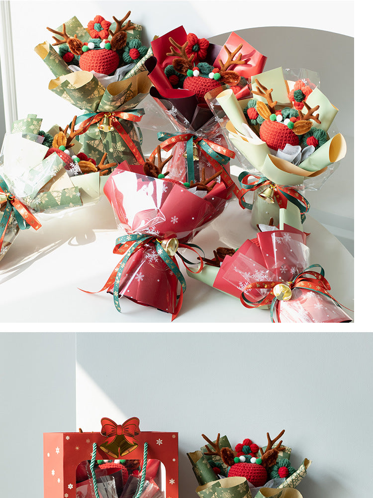 Christmas Woven Bouquet Finished Handmade Knitted Christmas Eve Fruit Cute Elk Wool Flowers Fine Packaging Portable Gift Bag