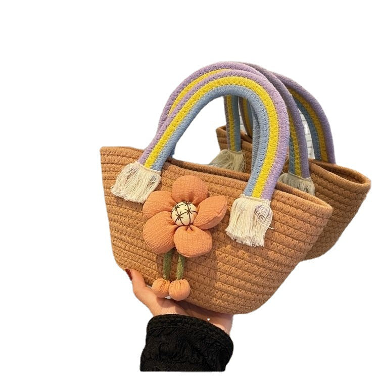 Chic Woven Mini Bag,Fashionable 2024 Trend Floral Embellished Hand Bag