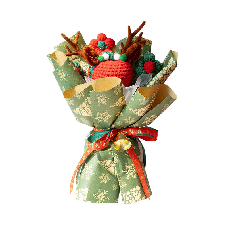 Christmas Woven Bouquet Finished Handmade Knitted Christmas Eve Fruit Cute Elk Wool Flowers Fine Packaging Portable Gift Bag