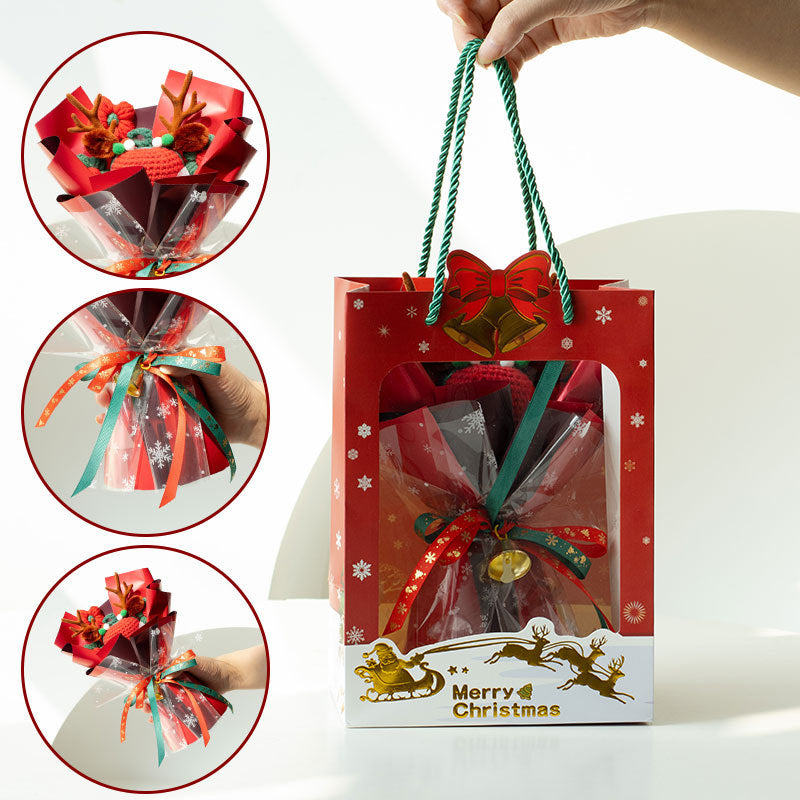 Christmas Woven Bouquet Finished Handmade Knitted Christmas Eve Fruit Cute Elk Wool Flowers Fine Packaging Portable Gift Bag