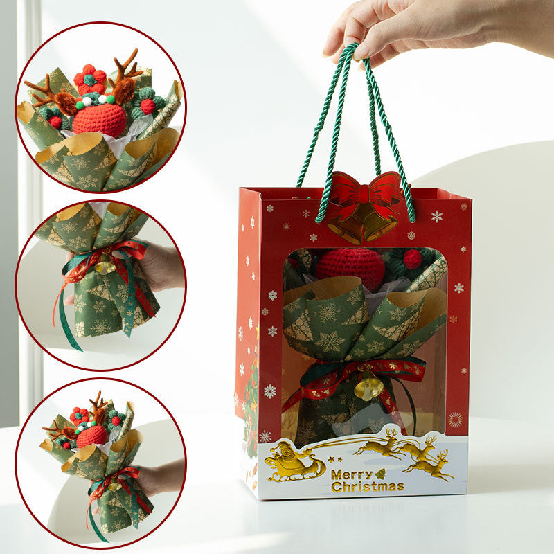 Christmas Woven Bouquet Finished Handmade Knitted Christmas Eve Fruit Cute Elk Wool Flowers Fine Packaging Portable Gift Bag